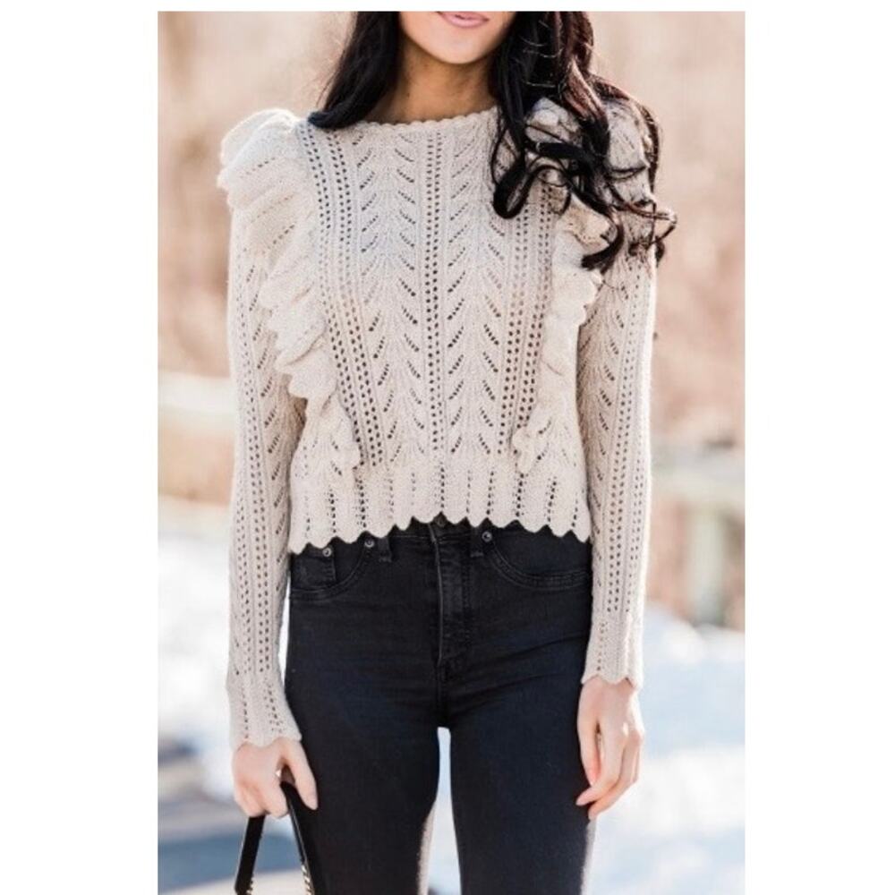 Rachel Parcell Cream Sweater Wool Blend Open Knit Long Sleeve Ruffle